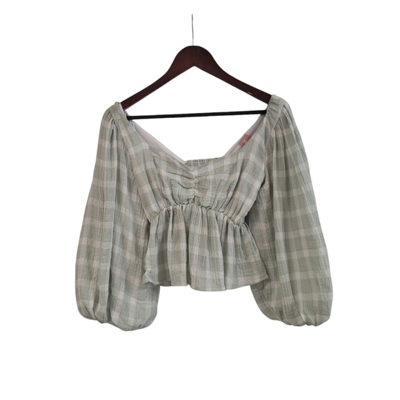 New Show Me Your MuMu Sage Green Gingham Ruffle Crop Smocked Top Small - Picture 4 of 8